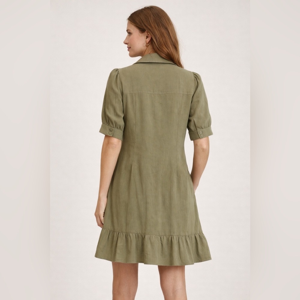PAIGE Olive Green Ruffle Hem Earthy collared Dress Utility Minimalist Large - Picture 2 of 10